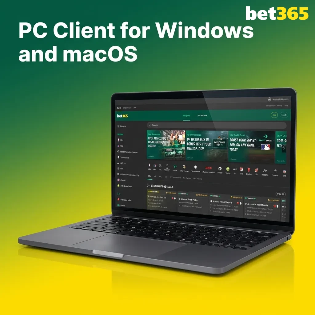 Bet365 website displayed on laptop screen showing browser-based platform accessible on Windows and macOS computers