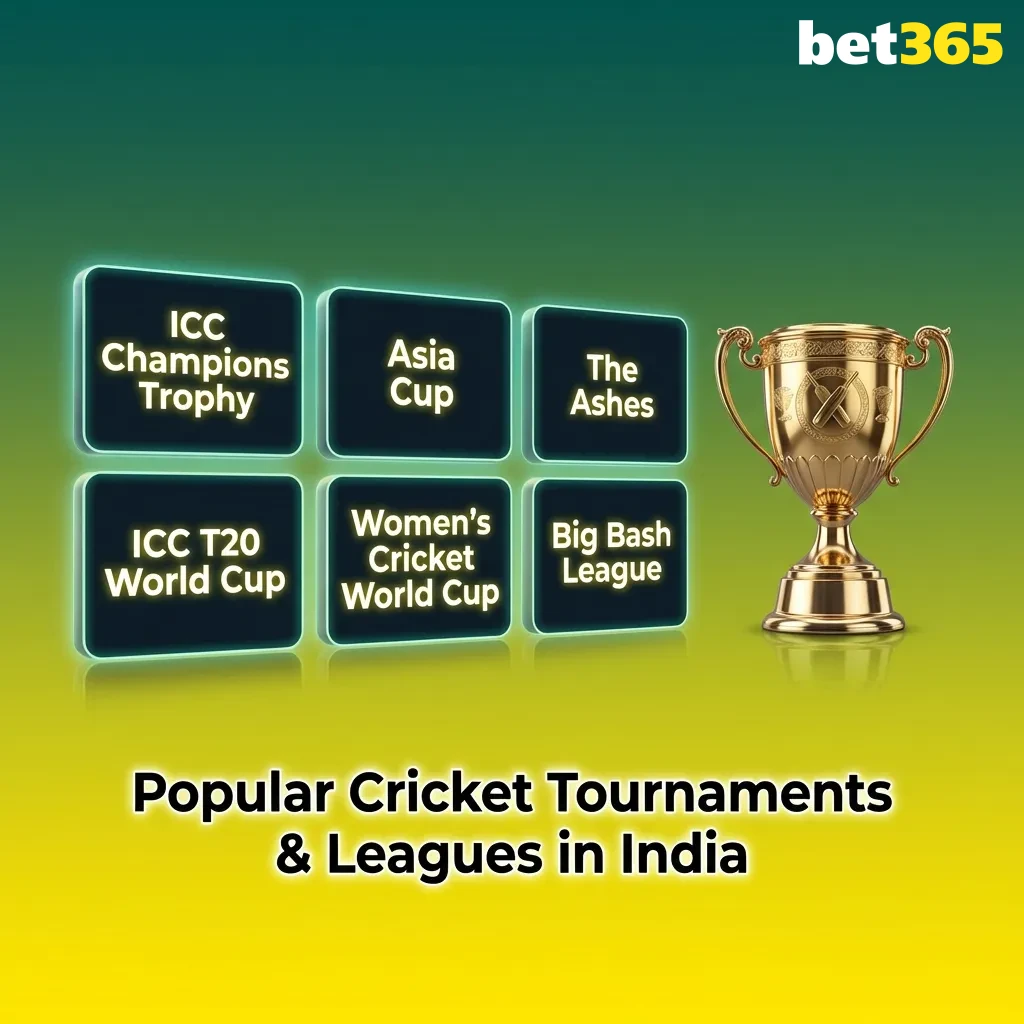 Cricket tournaments including ICC World Cup, T20 World Cup, IPL, and international leagues for betting in India.