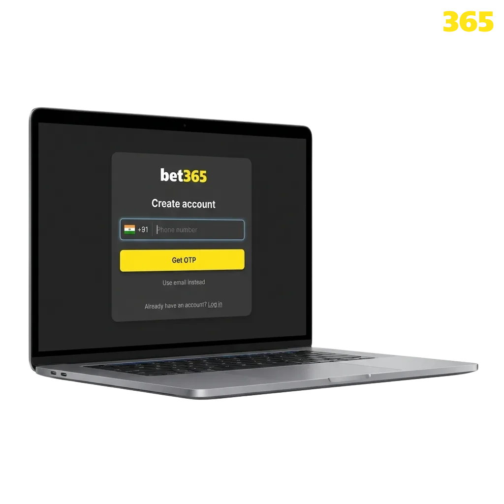 Bet365 registration screen showing sign-up options for Indian players including phone, email, and one-click methods