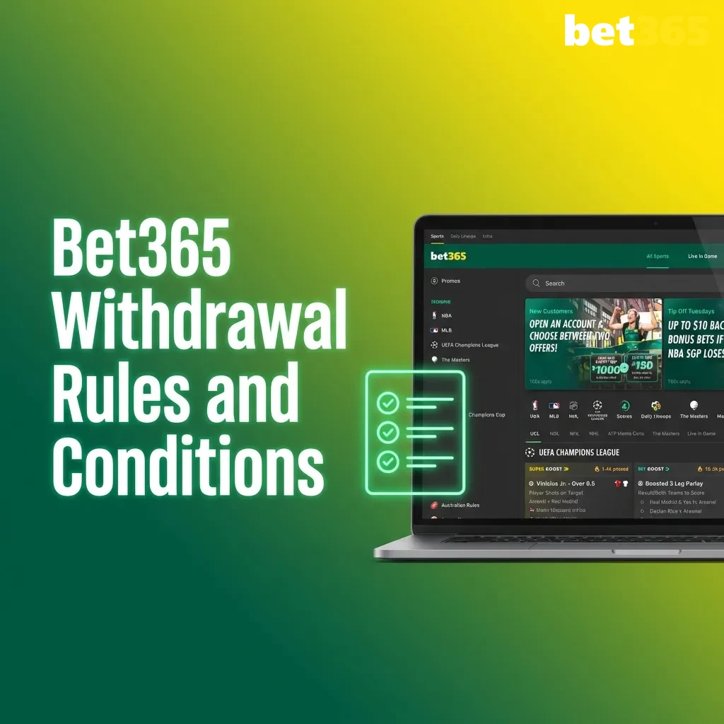 Bet365 withdrawal rules infographic showing verification, method matching, wagering conditions, and pending period requirements