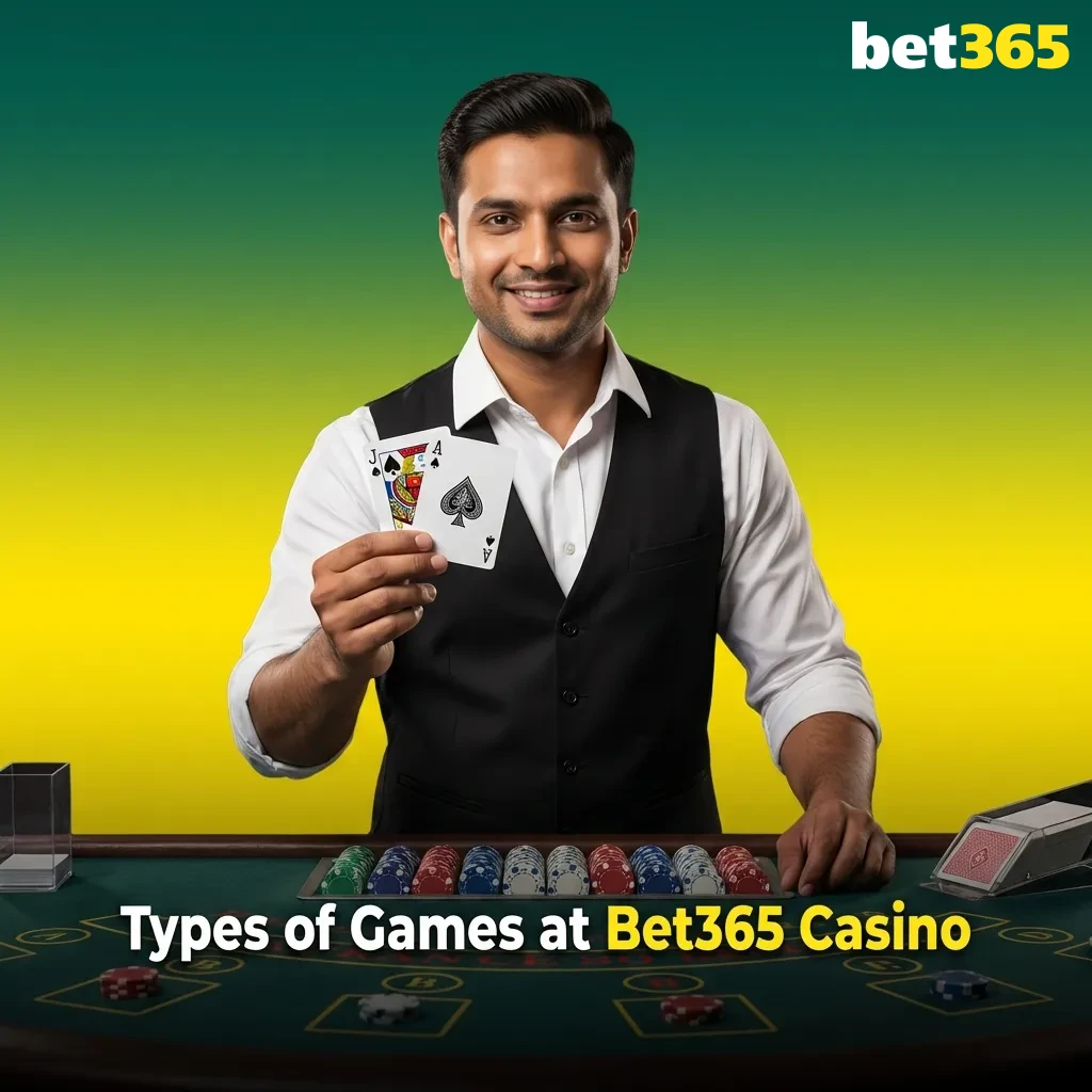 Colorful casino game interface showing slots, cards, and roulette wheel representing Bet365's diverse gaming categories