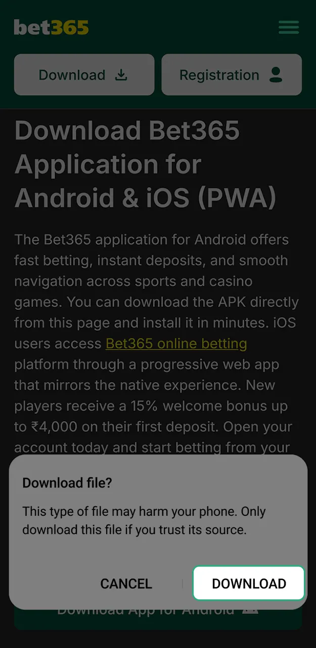 Tap the button to initiate the Bet365 app download.