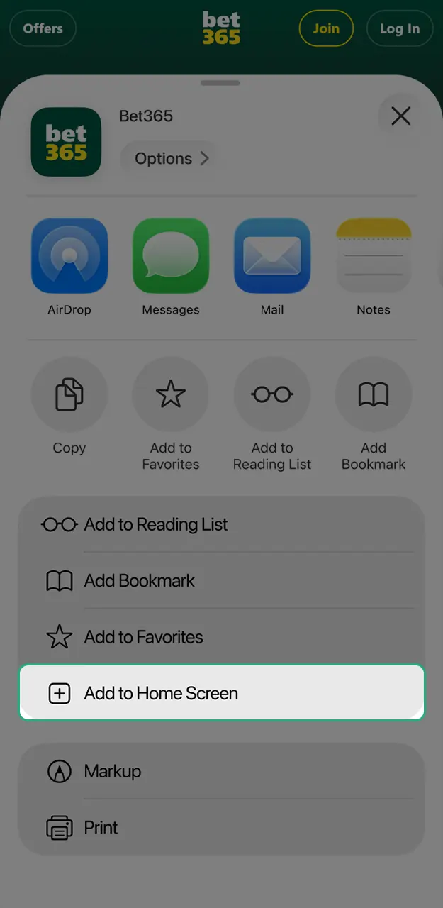 Place the Bet365 app for iOS shortcut on your mobile device.