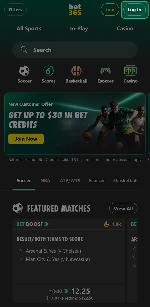 Create an account within the Bet365 app for iOS.