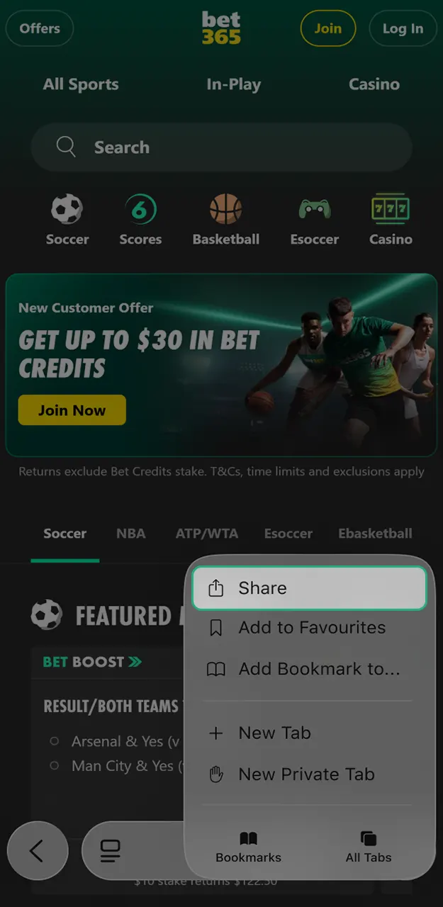 Open the browser options to install the Bet365 app for iOS.
