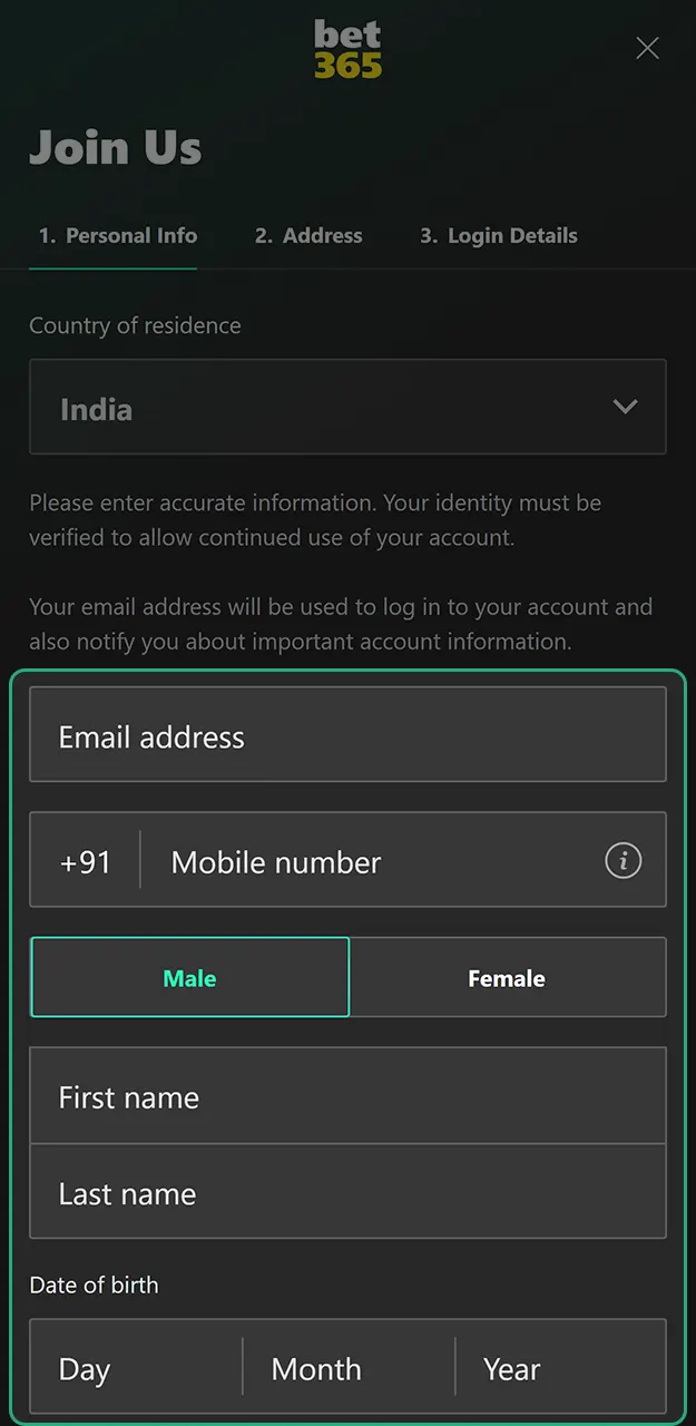 Provide your information during registration to unlock the Bet365 bonus offer.