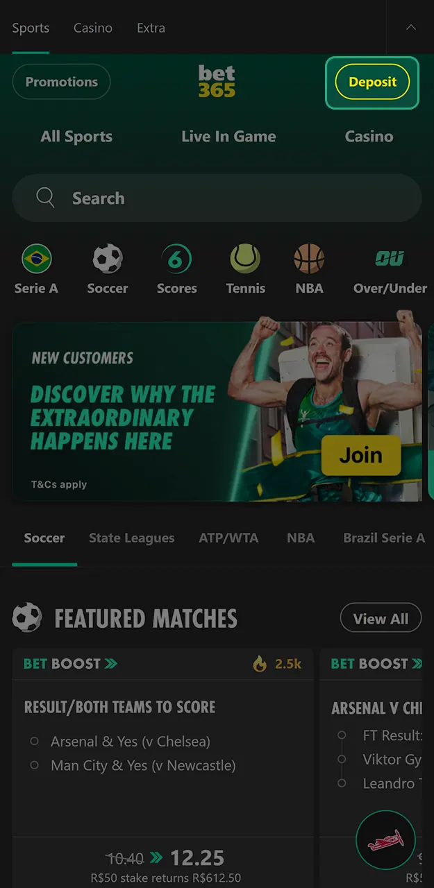Fund your account for the first time to activate the bonus at Bet365.