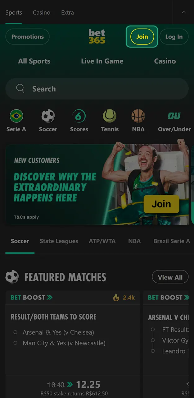 Begin the sign up process to qualify for a Bet365 bonus.
