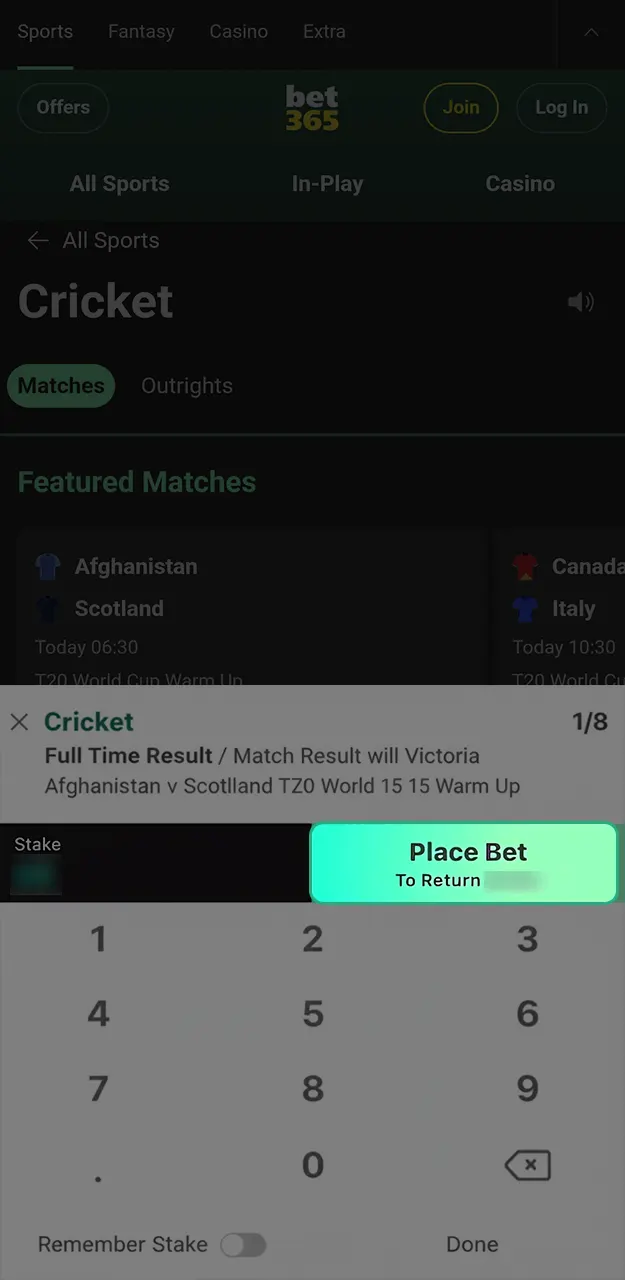 Confirm your wager and enjoy Cricket Betting with the Bet365 platform.