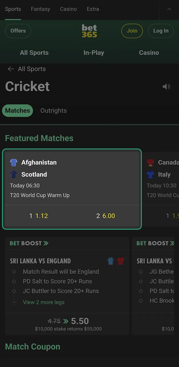 Choose an exciting tournament for your Bet365 cricket betting experience now.
