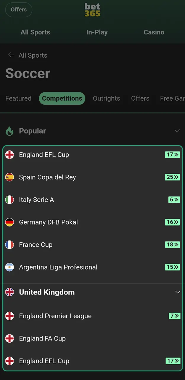 Pick a major tournament or game for your Bet365 football betting.