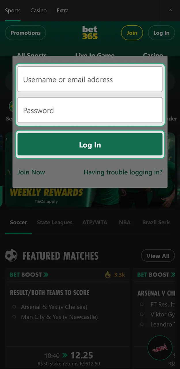 Sign in to your profile and prepare for football betting at Bet365.