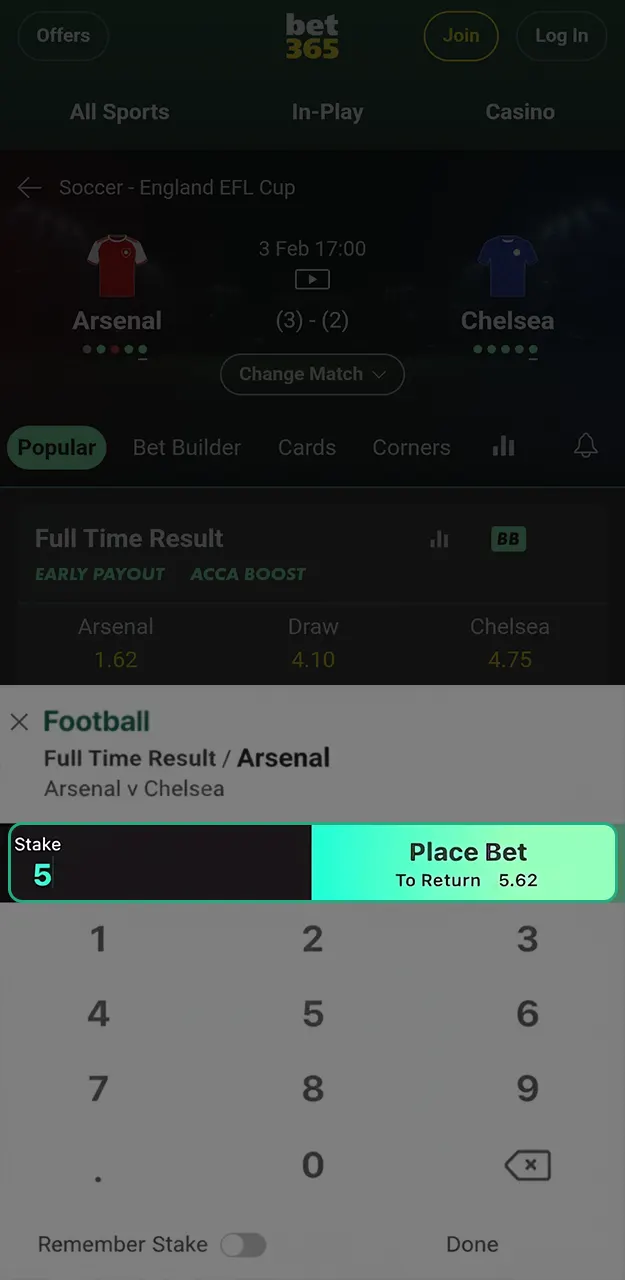 Confirm your prediction and enjoy football betting on the Bet365 platform.