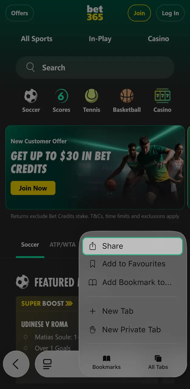 Save the Bet365 iOS app shortcut to your mobile device desktop.