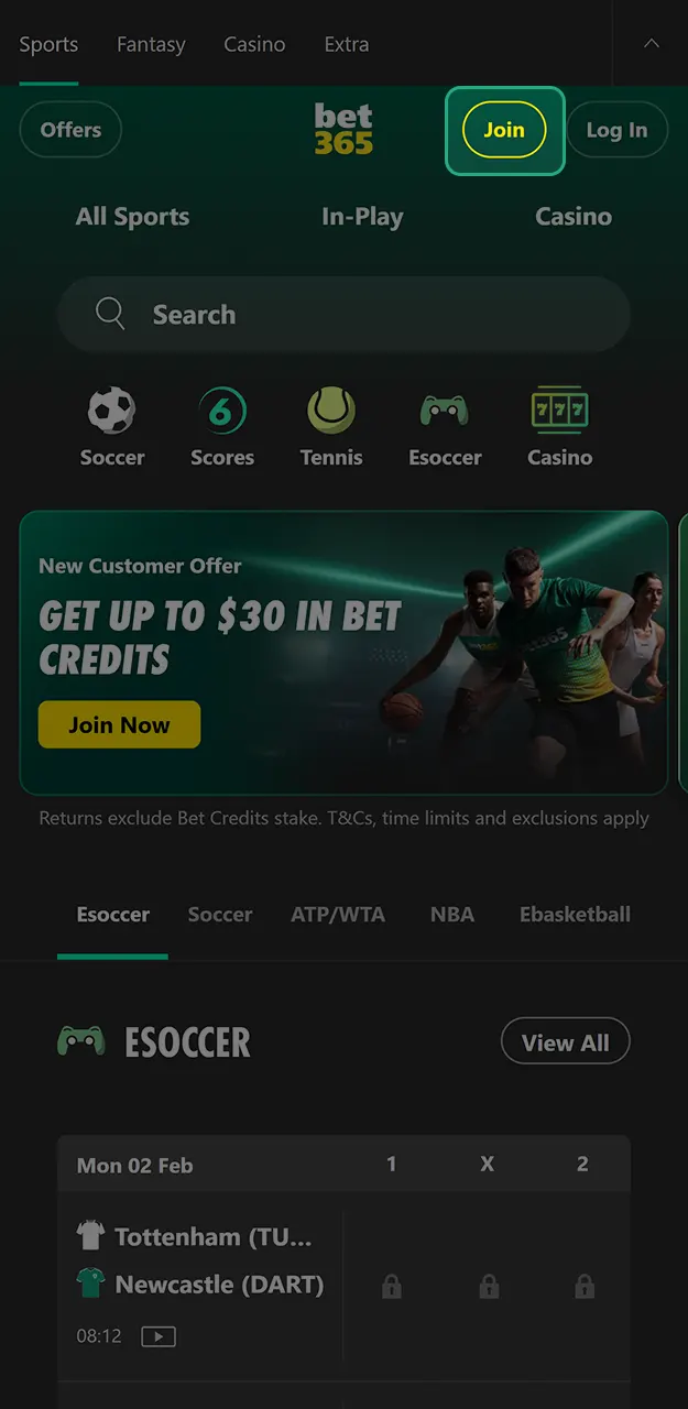 Begin your Bet365 registration by clicking the join button on site.