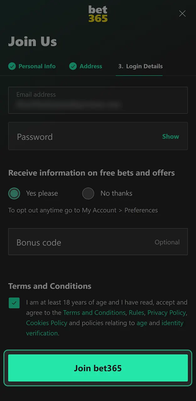 Provide documents to validate your identity after the Bet365 registration procedure.