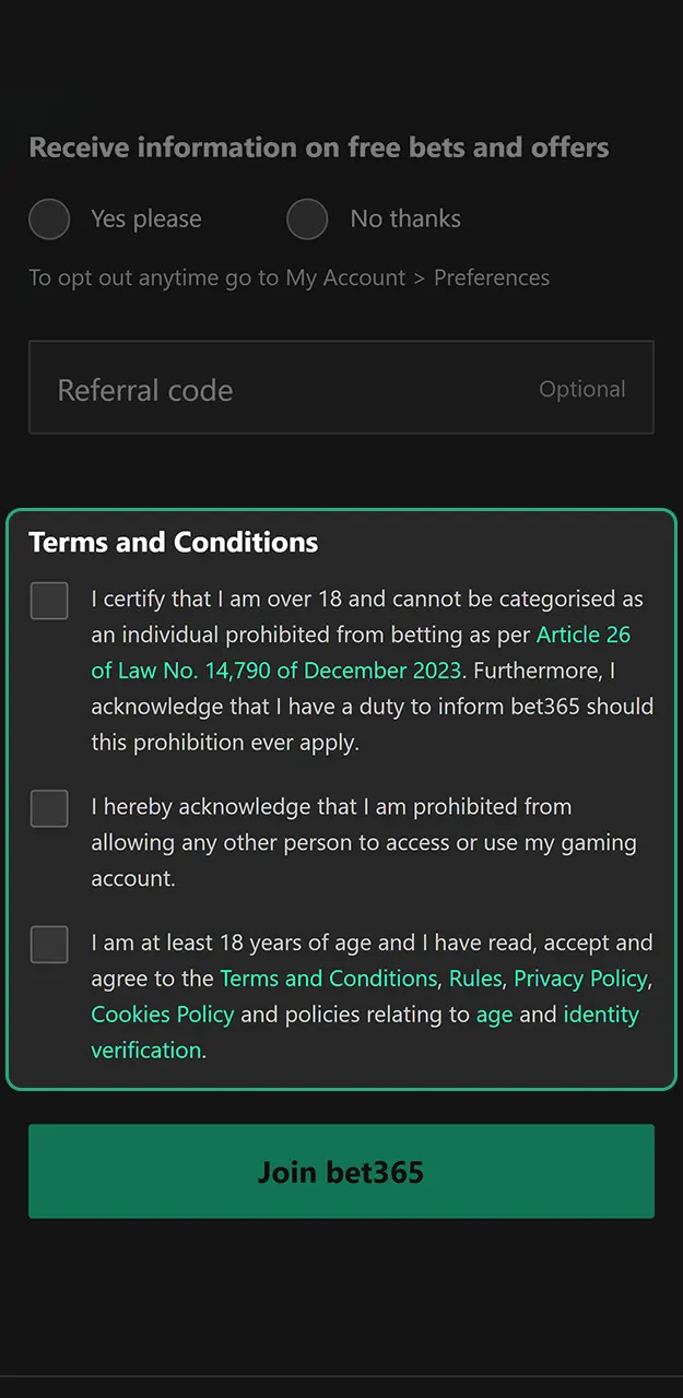 Agree to the rules and finalize your Bet365 registration for play.