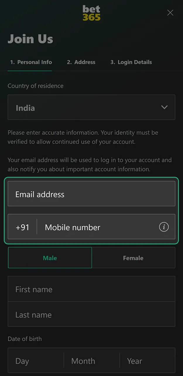 Provide your phone and email during Bet365 registration for account security.