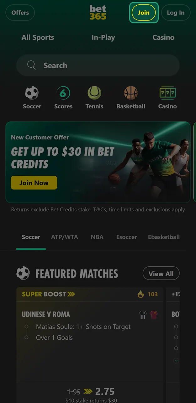 Initiate the registration process on the Bet365 site to start betting.