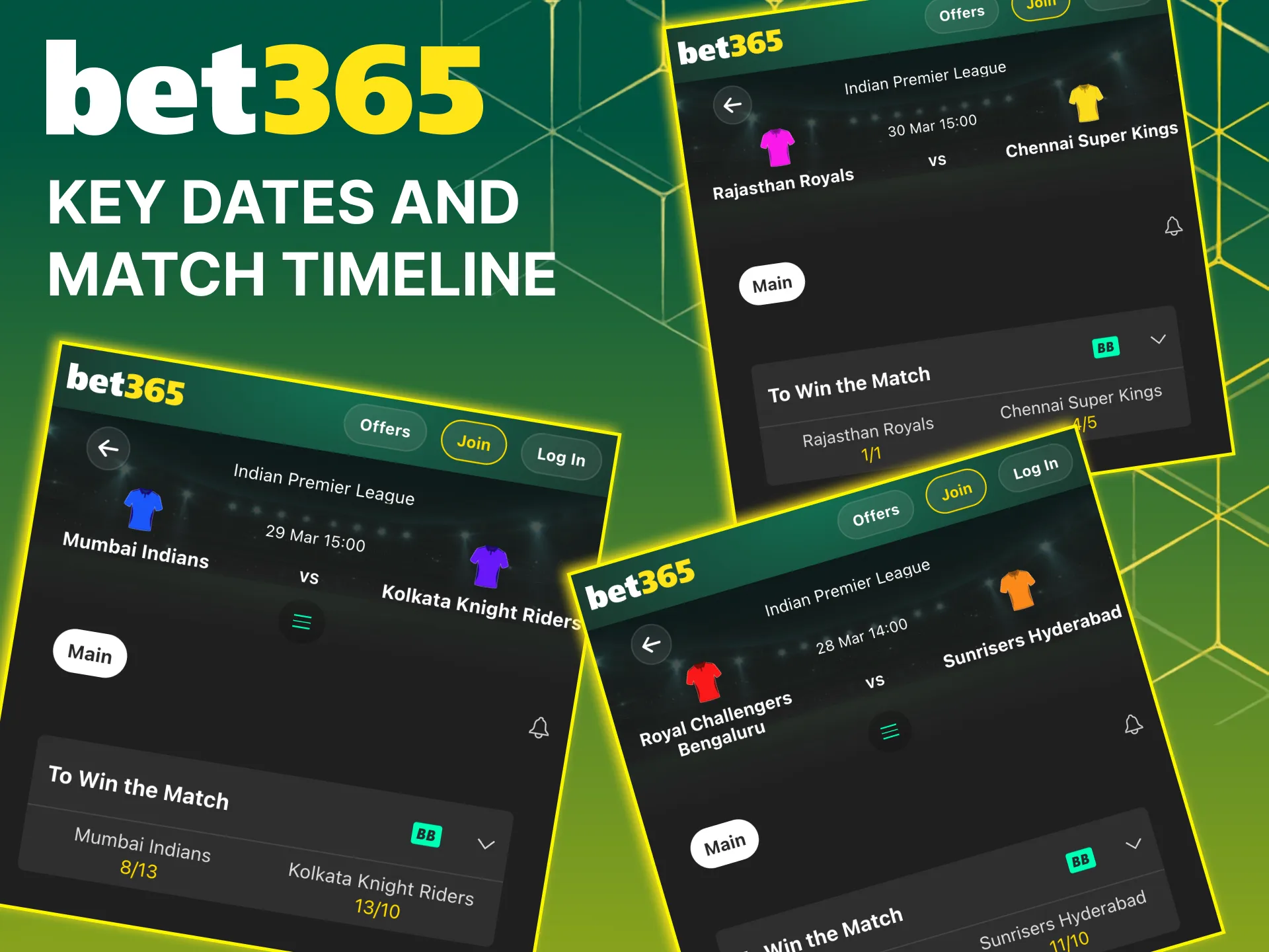 On Bet365 you can follow IPL schedule including playoffs and final.