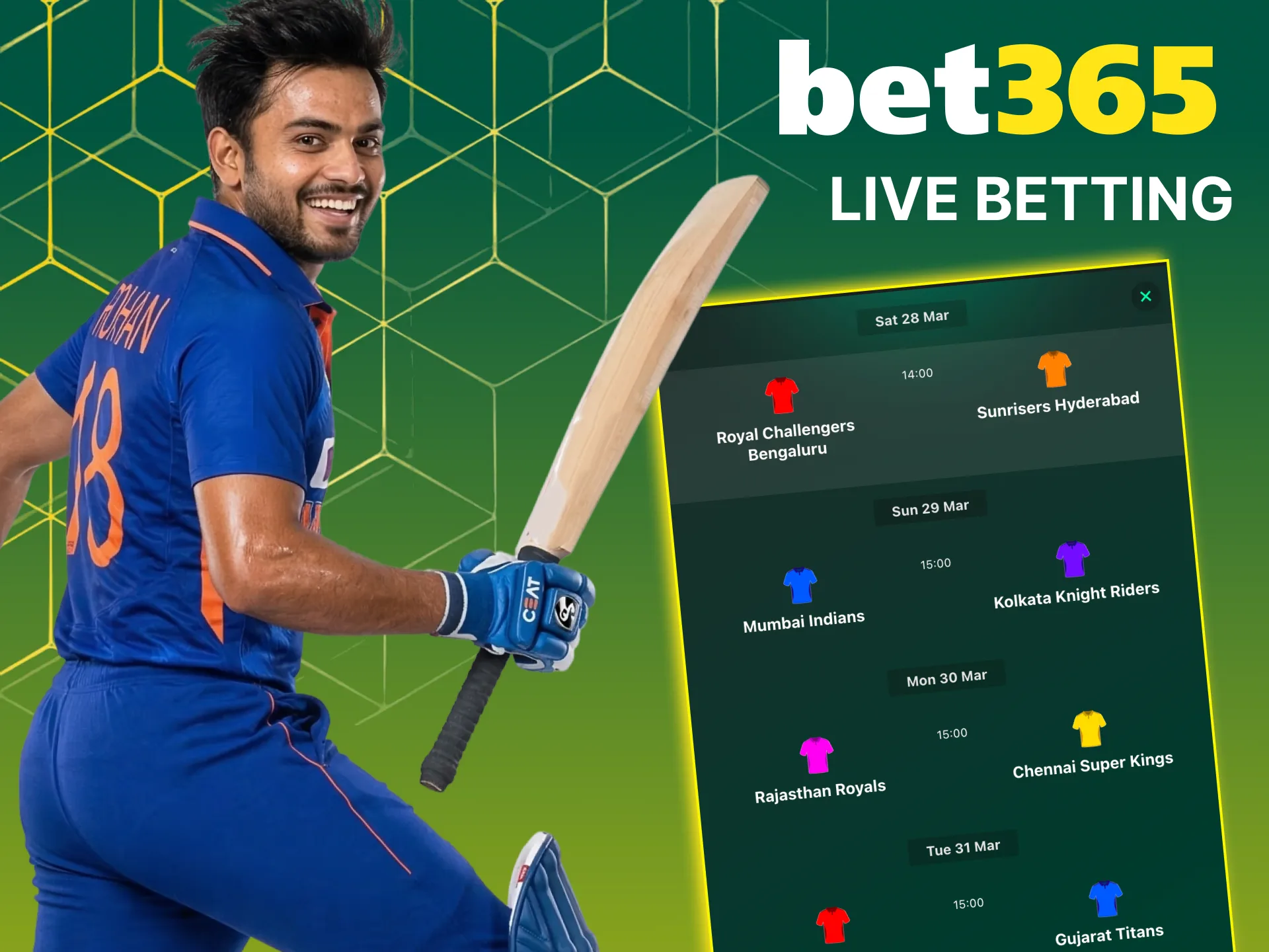 On Bet365 you can place real time IPL wagers during any match.