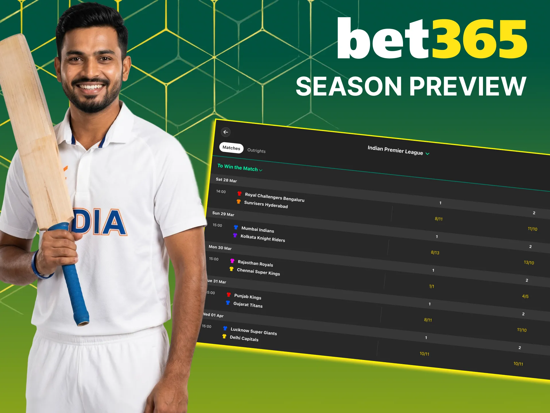 Follow every IPL match and place wagers through Bet365 platform.