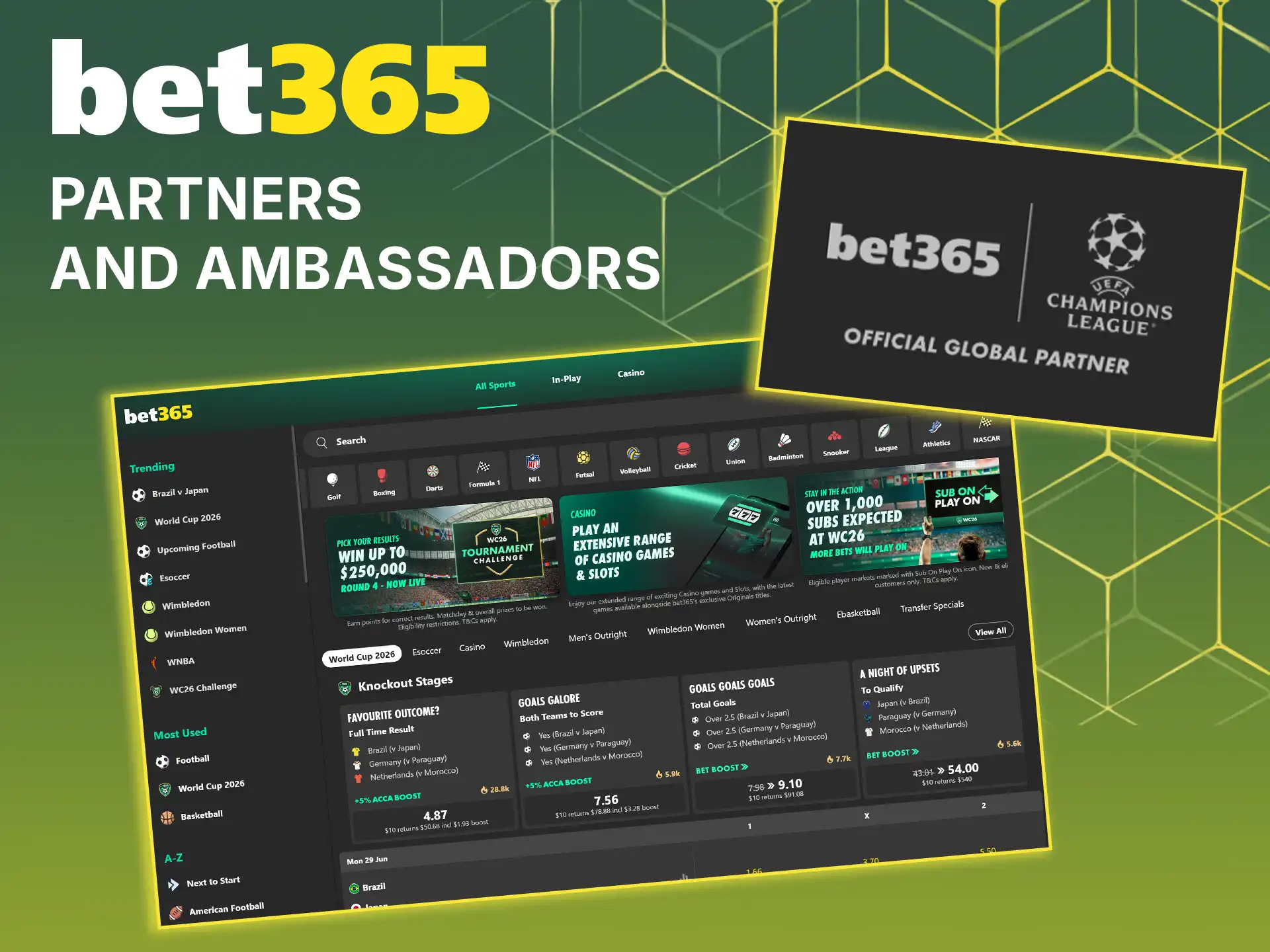 Review the list of official sponsors, partners and ambassadors of Bet365.