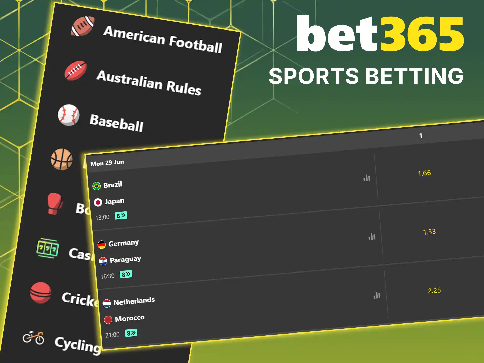 Explore the available disciplines and options for sports betting on Bet365.