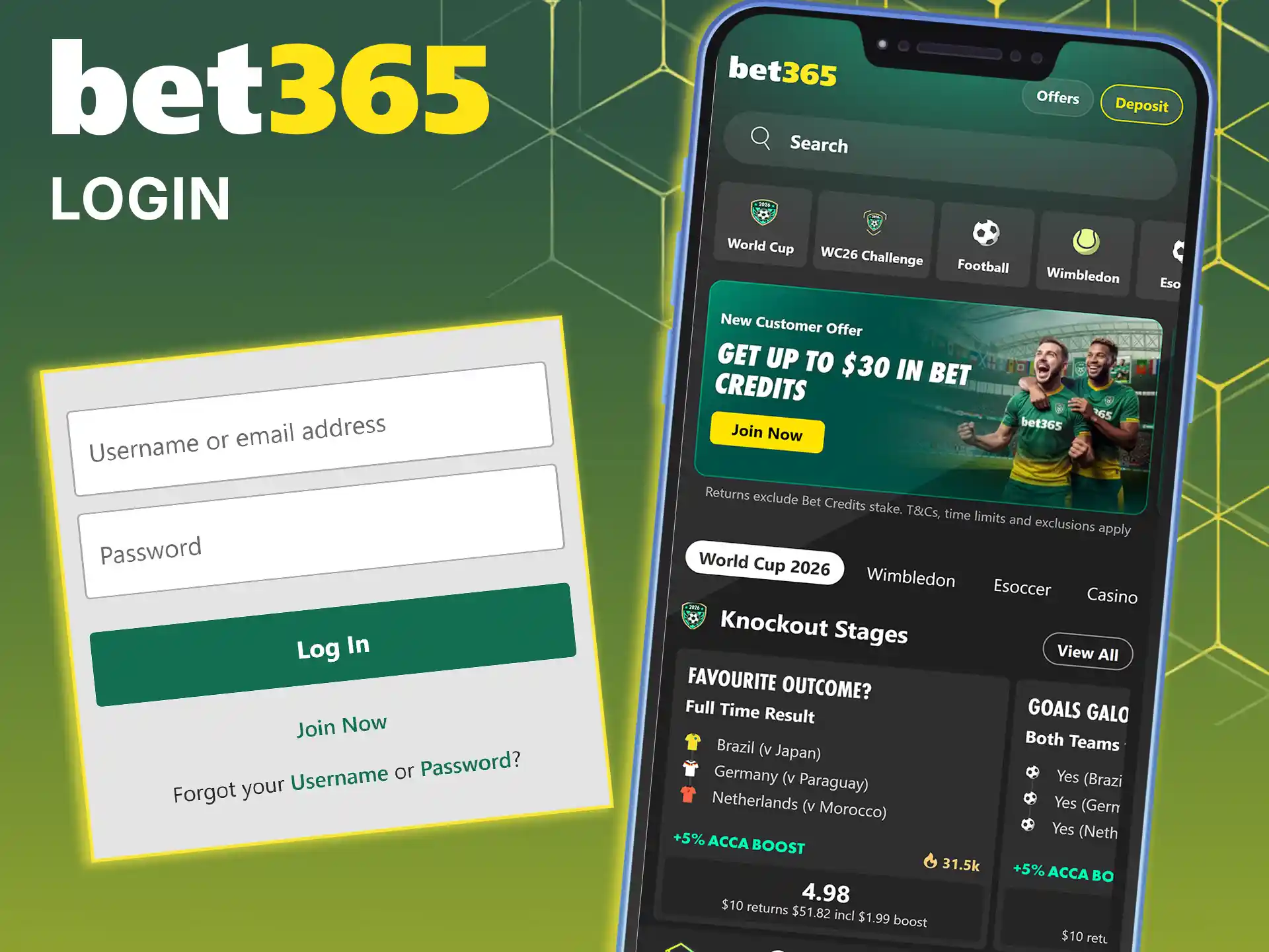 Log in to your account through the Bet365 app.