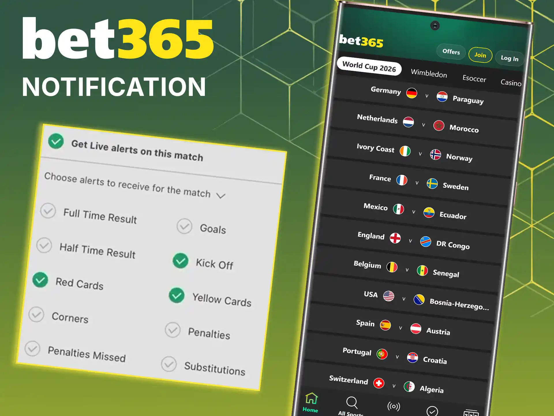 Set up system alerts and updates in the section notification features on Bet365.