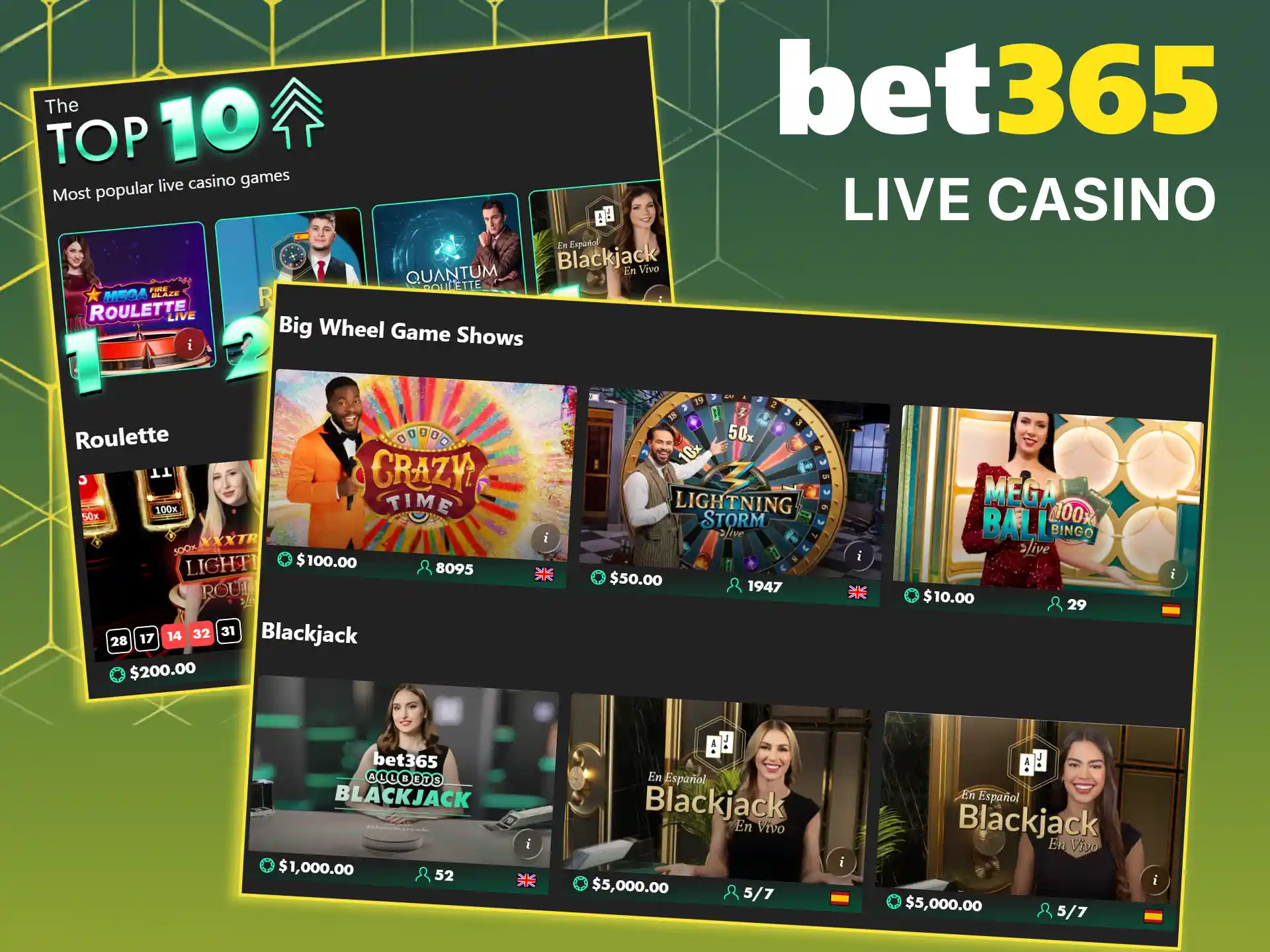 Play with professional real dealers in real time at Bet365 live casino.