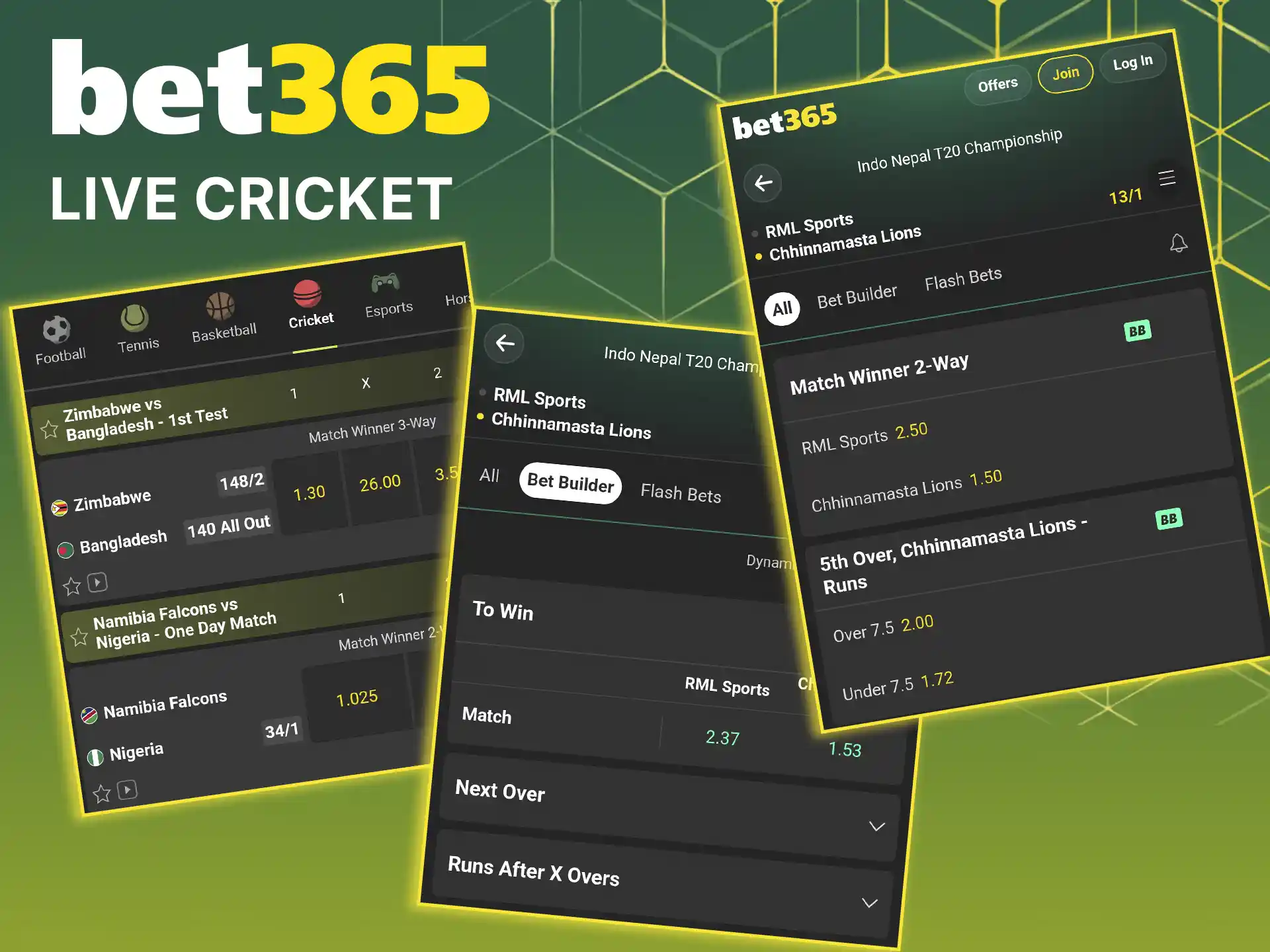 Place real-time wagers on ongoing matches under live cricket betting at Bet365.
