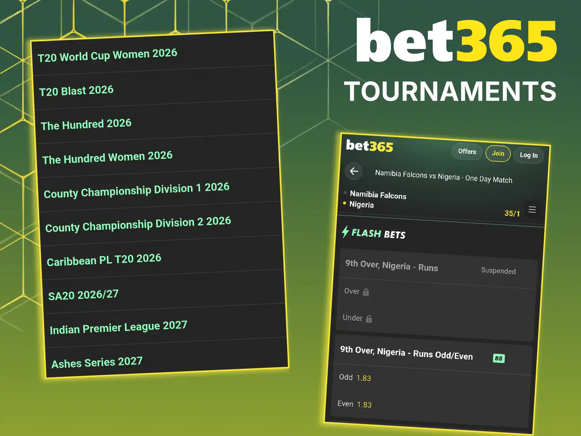 Explore the betting markets available for popular cricket tournaments and leagues in India on Bet365.