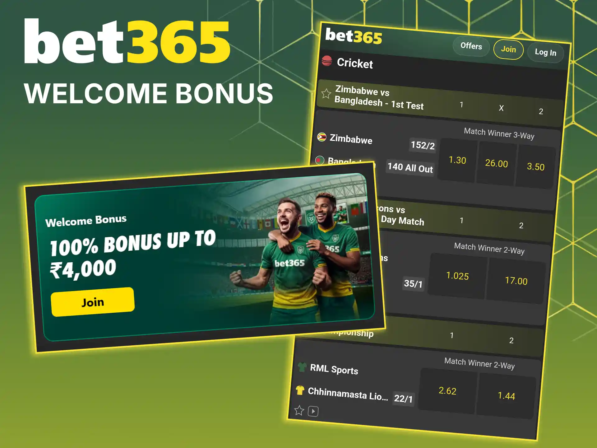 Get your welcome bonus for cricket betting at Bet365.