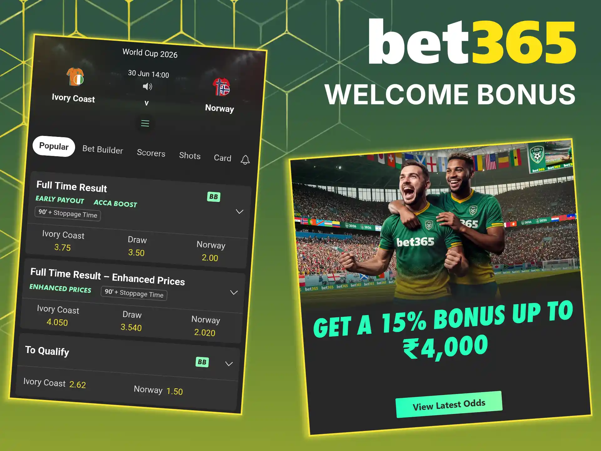 Claim your introductory offer under the welcome bonus for football betting on Bet365.