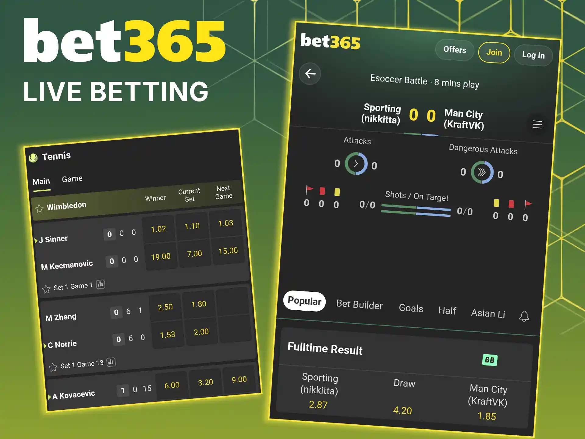 Place predictions on ongoing real-time events via live betting at Bet365.