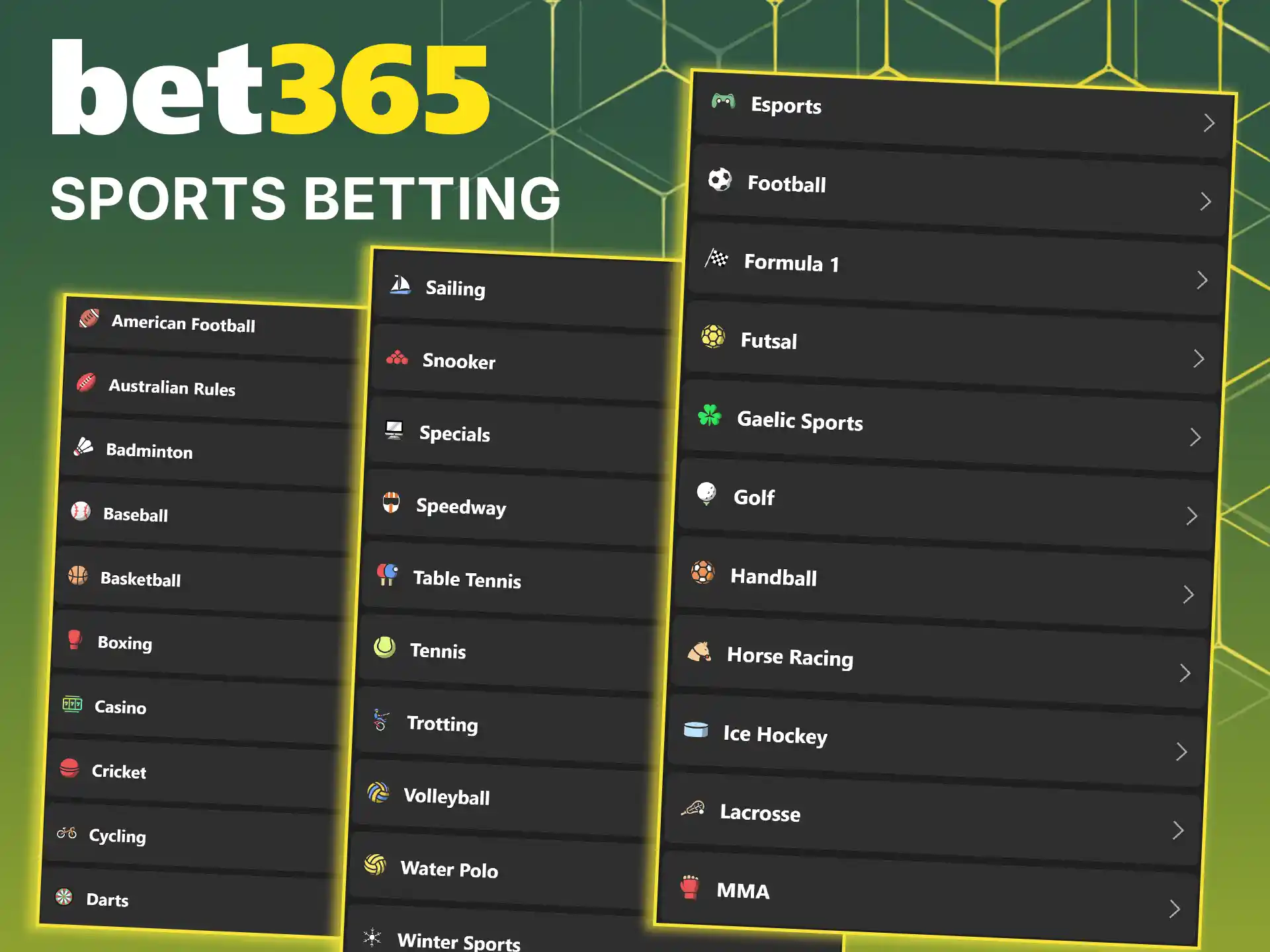 Select a sport to bet on at Bet365.