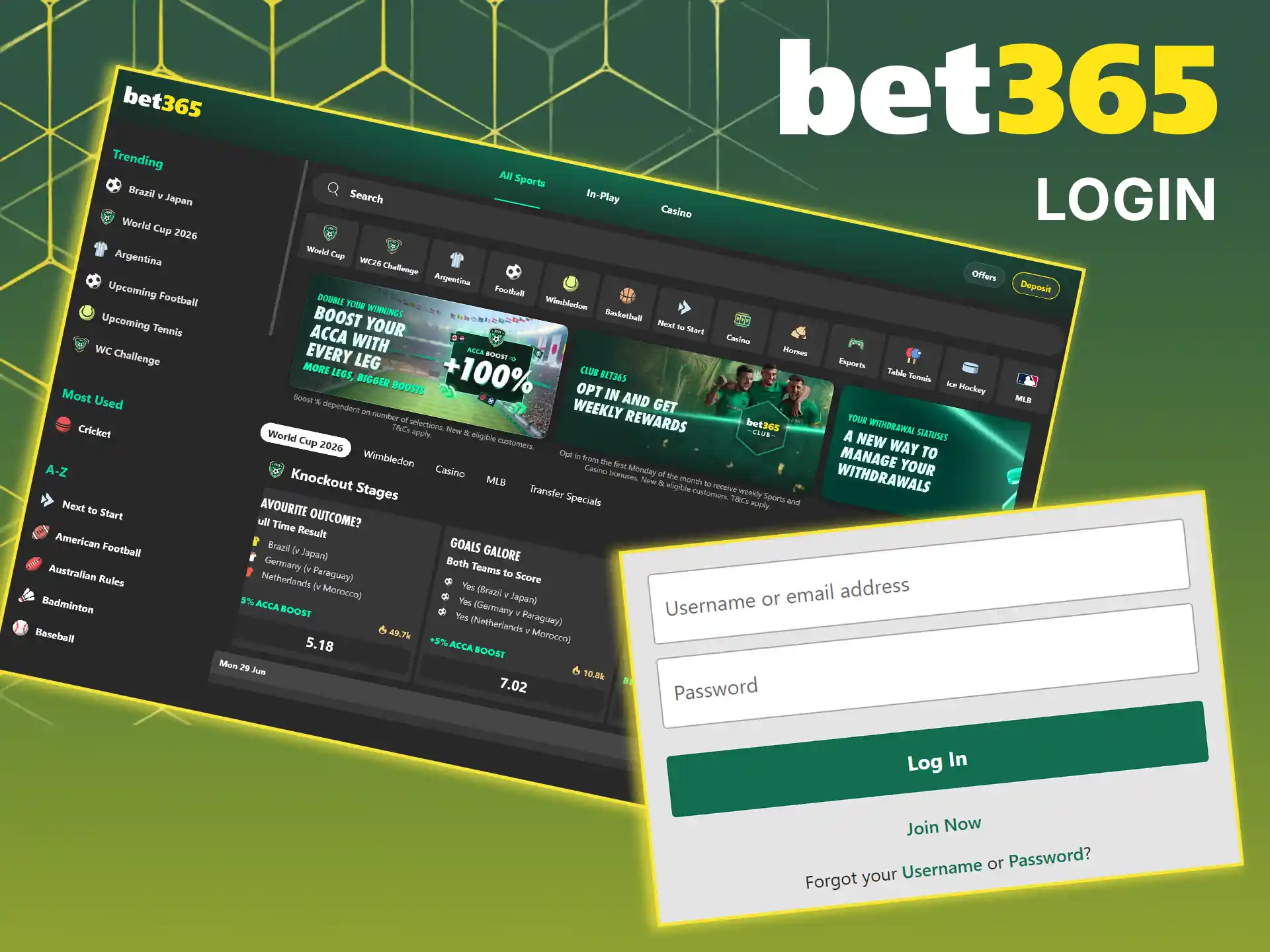 Enter your personal credentials to login to Bet365 account.