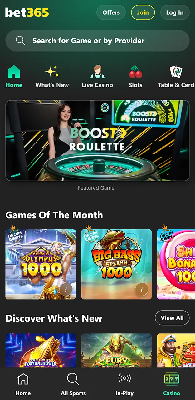 Play your favorite casino games on the Bet365 app.