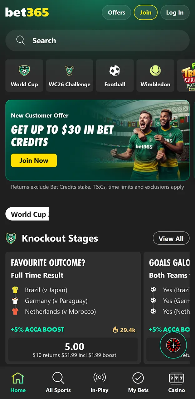 Download the Bet365 app and start placing bets.