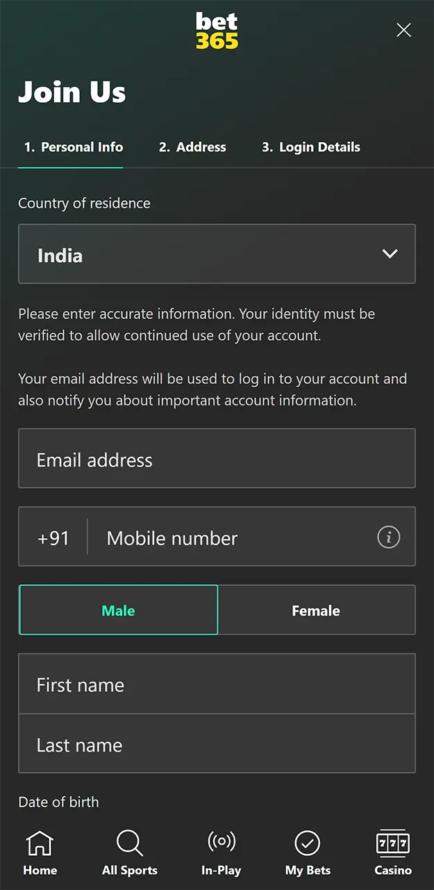 Quickly create a new account in the Bet365 app.