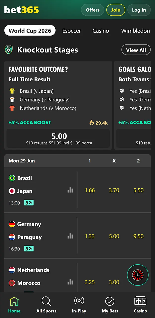 Check out the sports section in the Bet365 app.