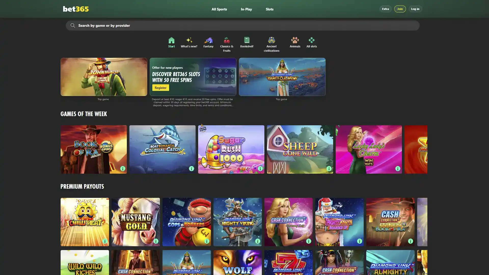 Play hundreds of themed casino games at Bet365.